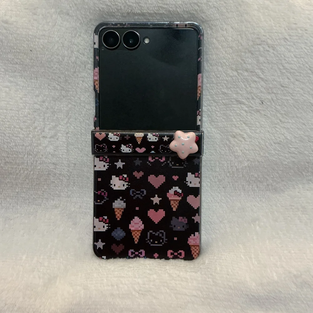Galaxy Z Flip 7 Hello Kitty Black & Pink Pattern Case with Star Charm
